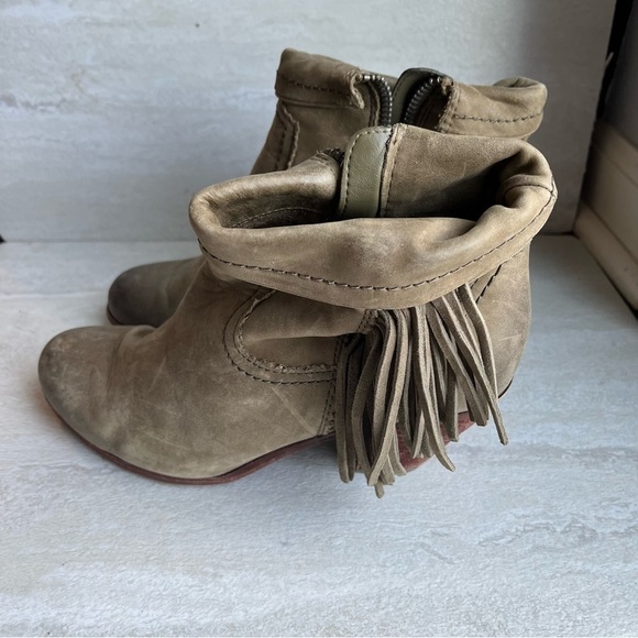 Sam Edelman Louie Fringe Foldover Booties Olive Green Side Zip Block Heel - Picture 1 of 12